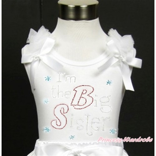 White Tank Top With White Ruffles & White Bow With Sparkle Crystal Bling Rhinestone I'm the Big Sister Print TB615 