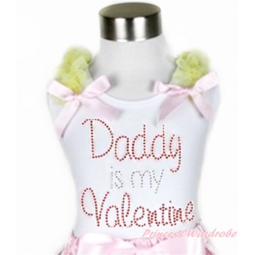 Valentine's Day White Tank Top With Yellow Ruffles & Light Pink Bow With Sparkle Crystal Bling Rhinestone Daddy is my Valentine Print TB616 