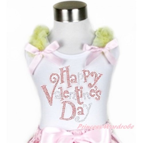 Valentine's Day White Tank Top With Yellow Ruffles & Light Pink Bow With Sparkle Crystal Bling Rhinestone Happy Valentine's Day Print TB617 