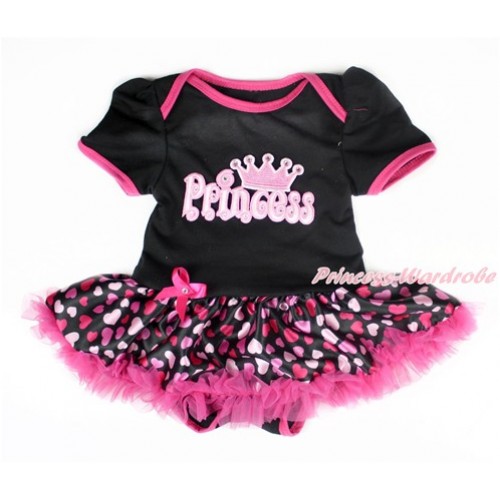 Valentine's Day Black Baby Bodysuit Jumpsuit Hot Light Pink Heart Pettiskirt with Princess Print JS2994 