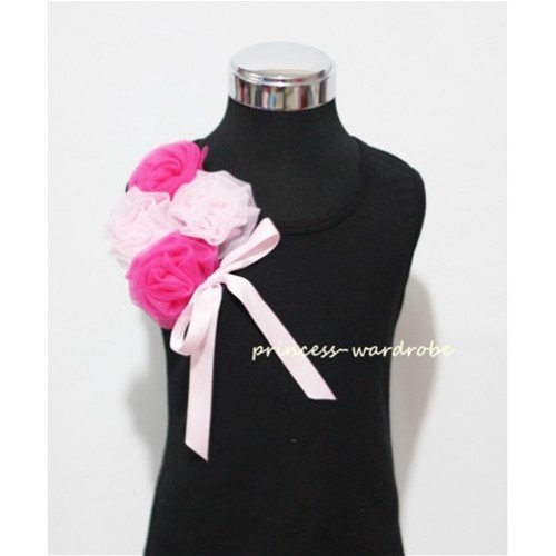 Black Top with Bunch of Hot Light Pink Rosettes and Pink Bow TB50 