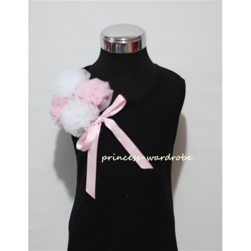 Black Top with Bunch of  Whtie Light Pink Rosettes and Pink Bow TB51 