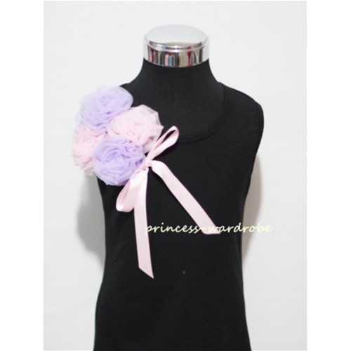 Black Top with Bunch of Light Purple Pink Rosettes and Pink Bow TB53 