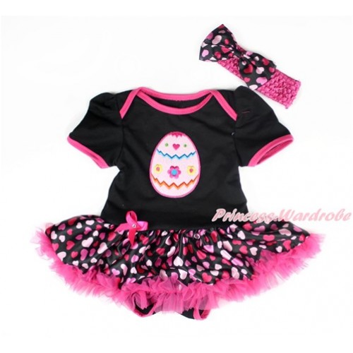 Easter Black Baby Bodysuit Jumpsuit Hot Light Pink Heart Pettiskirt With Easter Egg Print With Hot Pink Headband Hot Light Pink Heart Satin Bow JS3008 