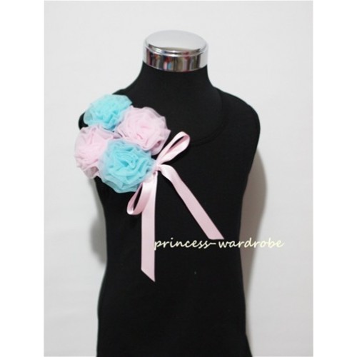 Black Top with Bunch of Light Blue Pink Rosettes and Pink Bow TB54 