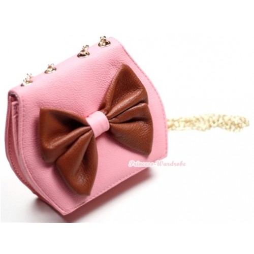 Gold Chain Light Pink Leather Brown Bow Little Cute Petti Shoulder Bag CB15 