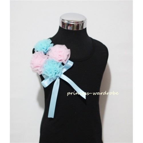 Black Top with Bunch of Light Blue Pink Rosettes and Blue Bow TB56 