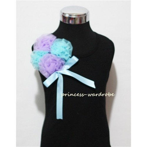 Black Top with Bunch of Light Purple Blue Rosettes and Blue Bow TB58 