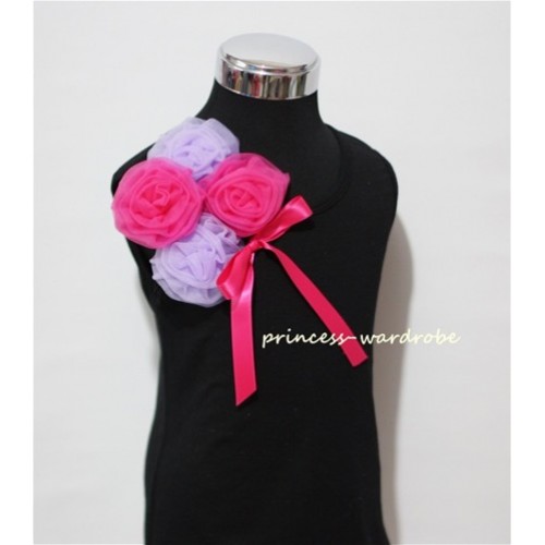 Black Top with Bunch of Purple Hot Pink Rosettes and Hot Pink Bow TB59 