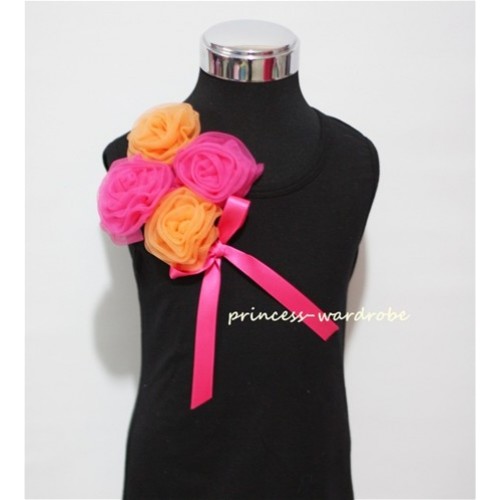 Black Top with Bunch of Orange Hot Pink Rosettes and Hot Pink Bow TB63 