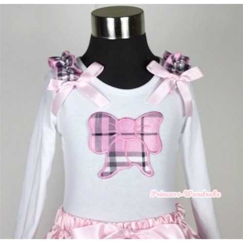 White Long Sleeves Top with Light Pink Checked Butterfly Print With Light Pink Checked Ruffles & Light Pink Bow T267 