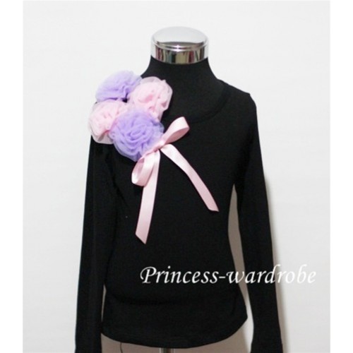 Black Long Sleeve Top with Bunch of Light Purple Pink Rosettes and Pink Bow TB72 