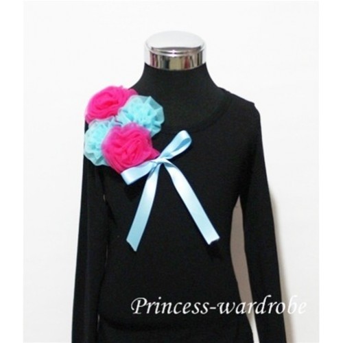 Black Long Sleeve Top with Bunch of Hot Pink Blue Rosettes and Blue Bow TB78 