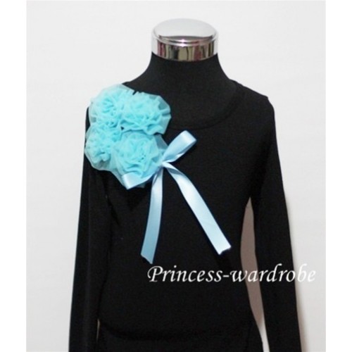 Black Long Sleeve Top with Bunch of Light Blue Rosettes and Blue Bow TB80 