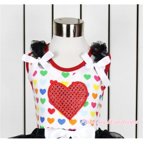 Valentine's Day Rainbow Heart Tank Top With Black Ruffles & White Bow With Sparkle Red Heart Print TP188 