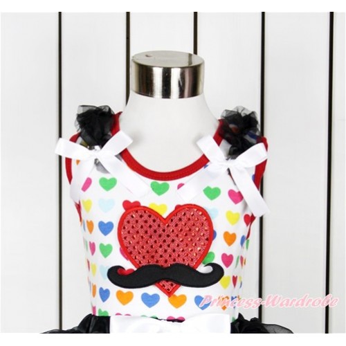 Valentine's Day Rainbow Heart Tank Top With Black Ruffles & White Bow With Mustache Sparkle Red Heart Print TP189 