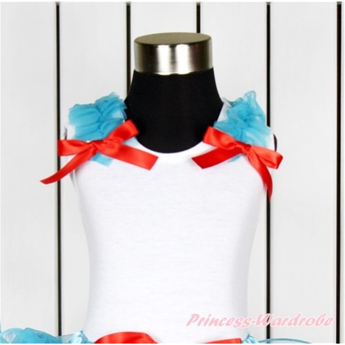 White Tank Top with Peacock Blue Ruffles and Red Bow TB620 