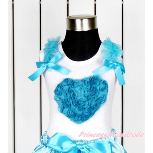 Valentine's Day White Tank Top With Peacock Blue Ruffles & Peacock Blue Bow With Peacock Blue Rosettes Heart Print TB623 