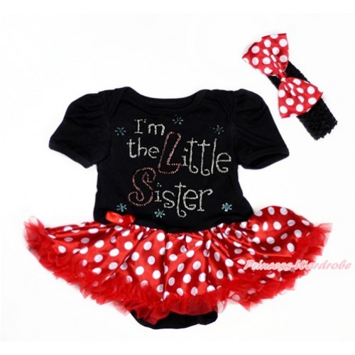 Black Baby Bodysuit Jumpsuit Minnie Dots Pettiskirt With Sparkle Crystal Bling Rhinestone I'm the Little Sister Print With Black Headband Minnie Dots Satin Bow JS3013 
