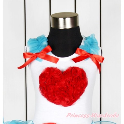 Valentine's Day White Tank Top With Peacock Blue Ruffles & Red Bow With Red Rosettes Heart Print TB627 
