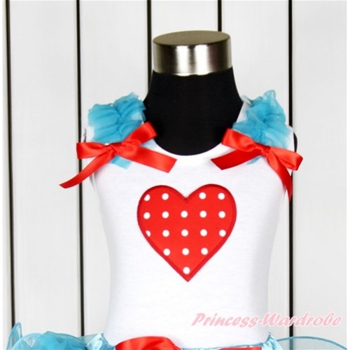 Valentine's Day White Tank Top With Peacock Blue Ruffles & Red Bow With Red White Dots Heart Print TB628 