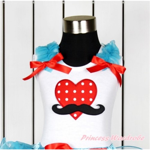 Valentine's Day White Tank Top With Peacock Blue Ruffles & Red Bow With Mustache Red White Dots Heart Print TB629 