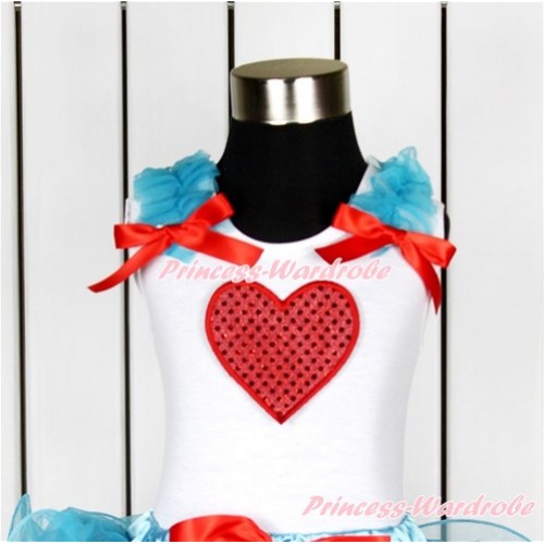 Valentine's Day White Tank Top With Peacock Blue Ruffles & Red Bow With Sparkle Red Heart Print TB630 