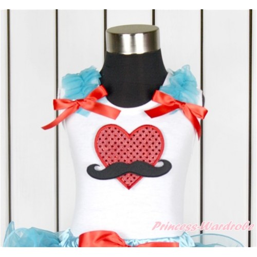 Valentine's Day White Tank Top With Peacock Blue Ruffles & Red Bow With Mustache Sparkle Red Heart Print TB631 