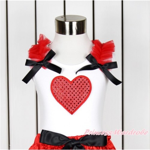 Valentine's Day White Tank Top With Red Ruffles & Black Bow With Sparkle Red Heart Print TB633 