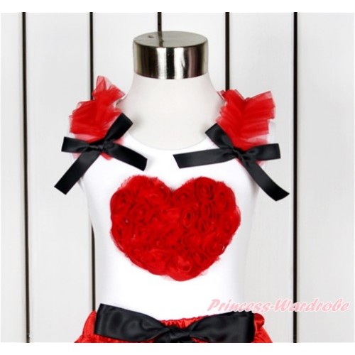 Valentine's Day White Tank Top With Red Ruffles & Black Bow With Red Rosettes Heart Print TB636 