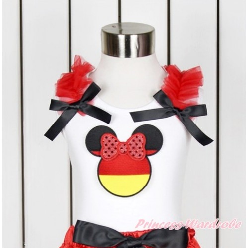 World Cup White Tank Top With Red Ruffles & Black Bow With Sparkle Red Germany Minnie Print TB637 