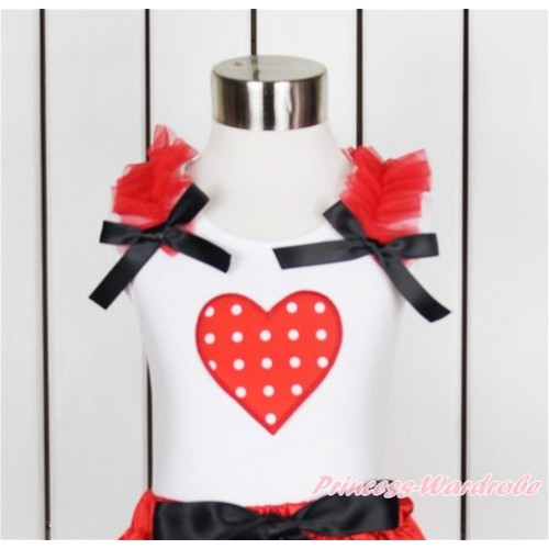 Valentine's Day White Tank Top With Red Ruffles & Black Bow With Red White Dots Heart Print TB638 