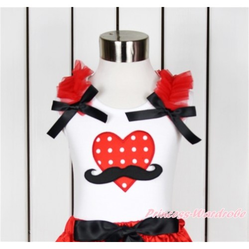 Valentine's Day White Tank Top With Red Ruffles & Black Bow With Mustache Red White Dots Heart Print TB639 