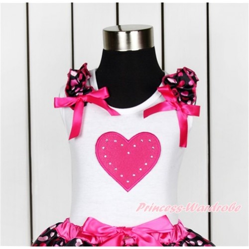Valentine's Day White Tank Top With Hot Light Pink Heart Ruffles & Hot Pink Bow With Hot Pink Heart Print TB642 