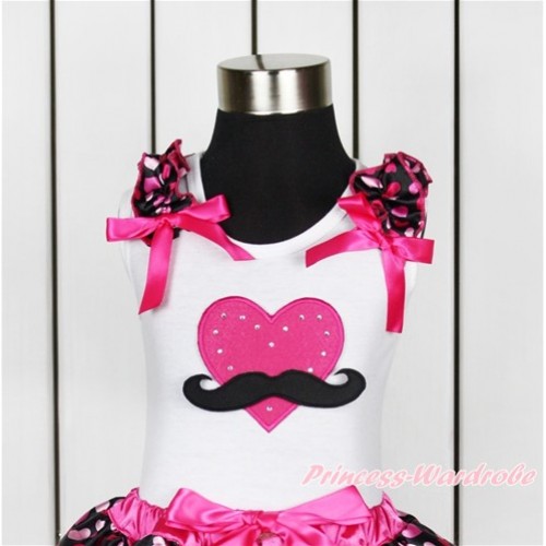 Valentine's Day White Tank Top With Hot Light Pink Heart Ruffles & Hot Pink Bow With Mustache Hot Pink Heart Print TB643 