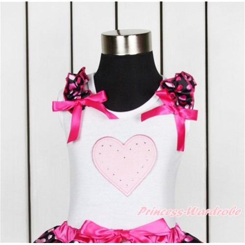 Valentine's Day White Tank Top With Hot Light Pink Heart Ruffles & Hot Pink Bow With Light Pink Heart Print TB645 