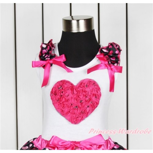 Valentine's Day White Tank Top With Hot Light Pink Heart Ruffles & Hot Pink Bow With Hot Pink Rosettes Heart Print TB646 