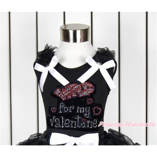 Valentine's Day Black Tank Top With Black Ruffles & White Bow With Sparkle Crystal Bling Rhinestone Wild for my Valentine Print TB650 