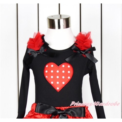 Valentine's Day Black Long Sleeves Top With Red Ruffles & Black Bow with Red White Dots Heart Print TO352 