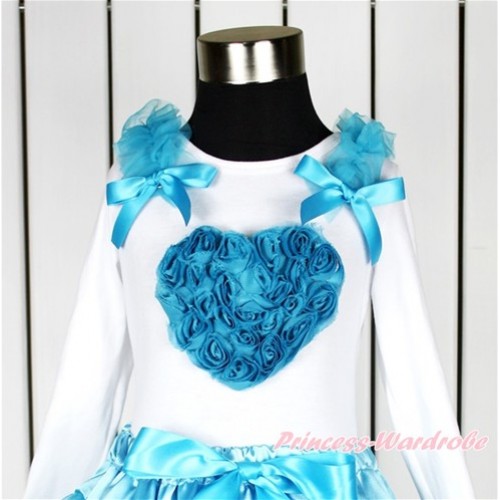 Valentine's Day White Long Sleeves Top With Peacock Blue Ruffles & Peacock Blue Bow with Peacock Blue Rosettes Heart Print TW422 