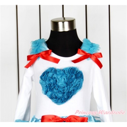 Valentine's Day White Long Sleeves Top With Peacock Blue Ruffles & Red Bow with Peacock Blue Rosettes Heart Print TW425 