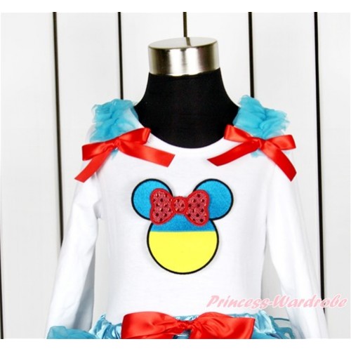 World Cup White Long Sleeves Top With Peacock Blue Ruffles & Red Bow with Sparkle Red Ukraine Minnie Print TW427 