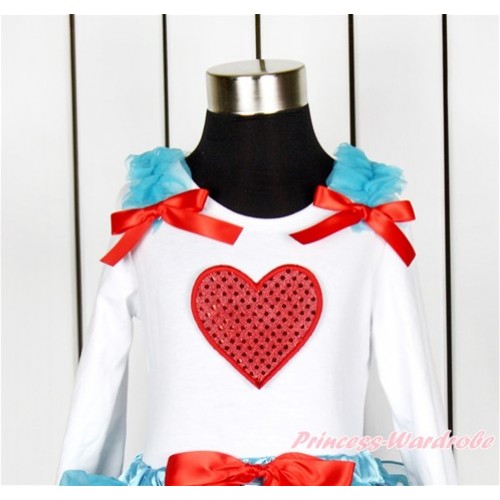 Valentine's Day White Long Sleeves Top With Peacock Blue Ruffles & Red Bow with Sparkle Red Heart Print TW429 