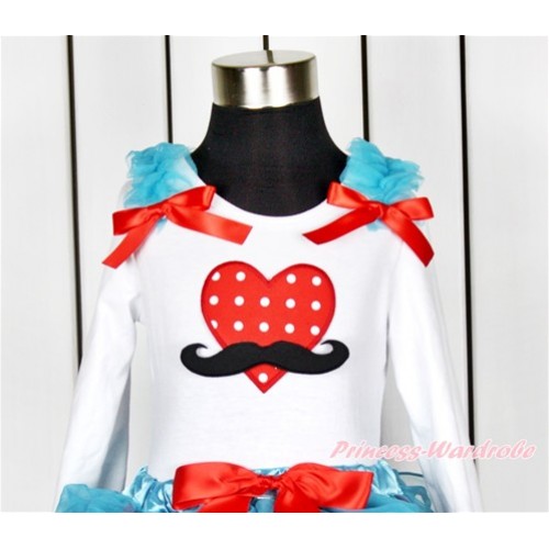 Valentine's Day White Long Sleeves Top With Peacock Blue Ruffles & Red Bow with Mustache Red White Dots Heart Print TW430 