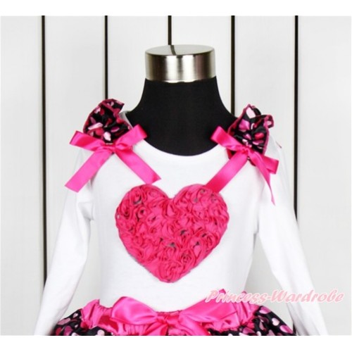 Valentine's Day White Long Sleeves Top With Hot Light Pink Heart Ruffles & Hot Pink Bow with Hot Pink Rosettes Heart Print TW432 