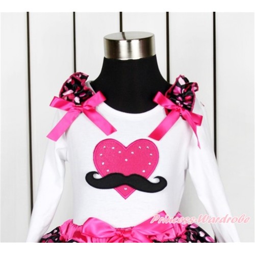 Valentine's Day White Long Sleeves Top With Hot Light Pink Heart Ruffles & Hot Pink Bow with Mustache Hot Pink Heart Print TW434 