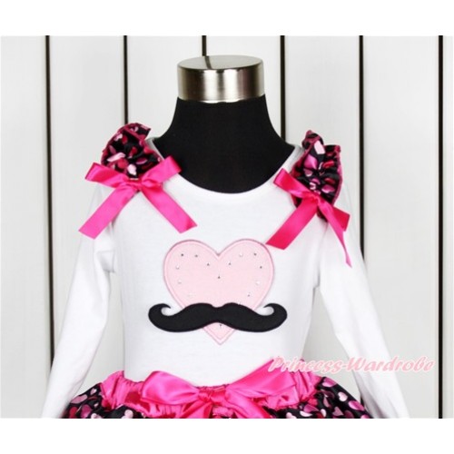 Valentine's Day White Long Sleeves Top With Hot Light Pink Heart Ruffles & Hot Pink Bow with Mustache Light Pink Heart Print TW437 