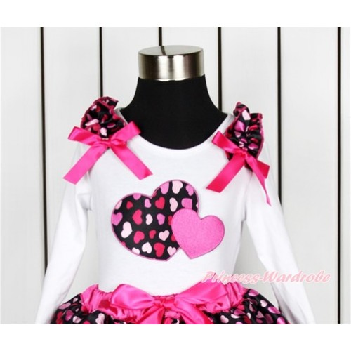 Valentine's Day White Long Sleeves Top With Hot Light Pink Heart Ruffles & Hot Pink Bow with Hot Pink Sweet Twin Heart Print TW438 