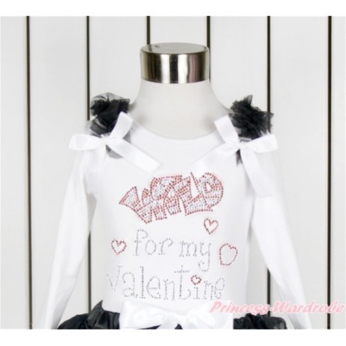 Valentine's Day White Long Sleeves Top With Black Ruffles & White Bow with Sparkle Crystal Bling Rhinestone Wild for my Valentine Print TW441 