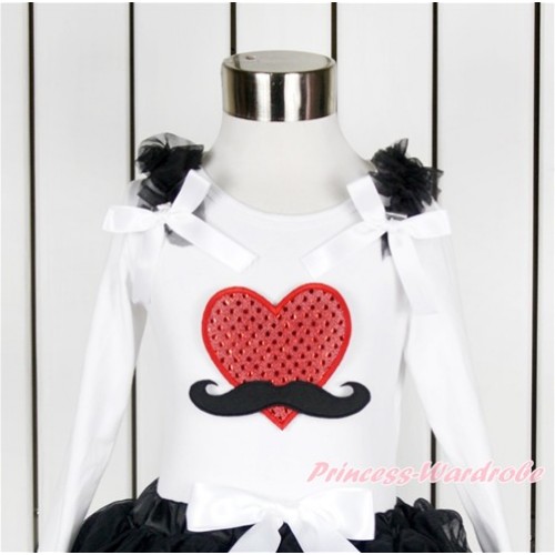 Valentine's Day White Long Sleeves Top With Black Ruffles & White Bow with Mustache Sparkle Red Heart Print TW442 